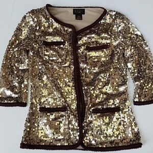 Iman beaded sequined jacket gold xs brown trimmed